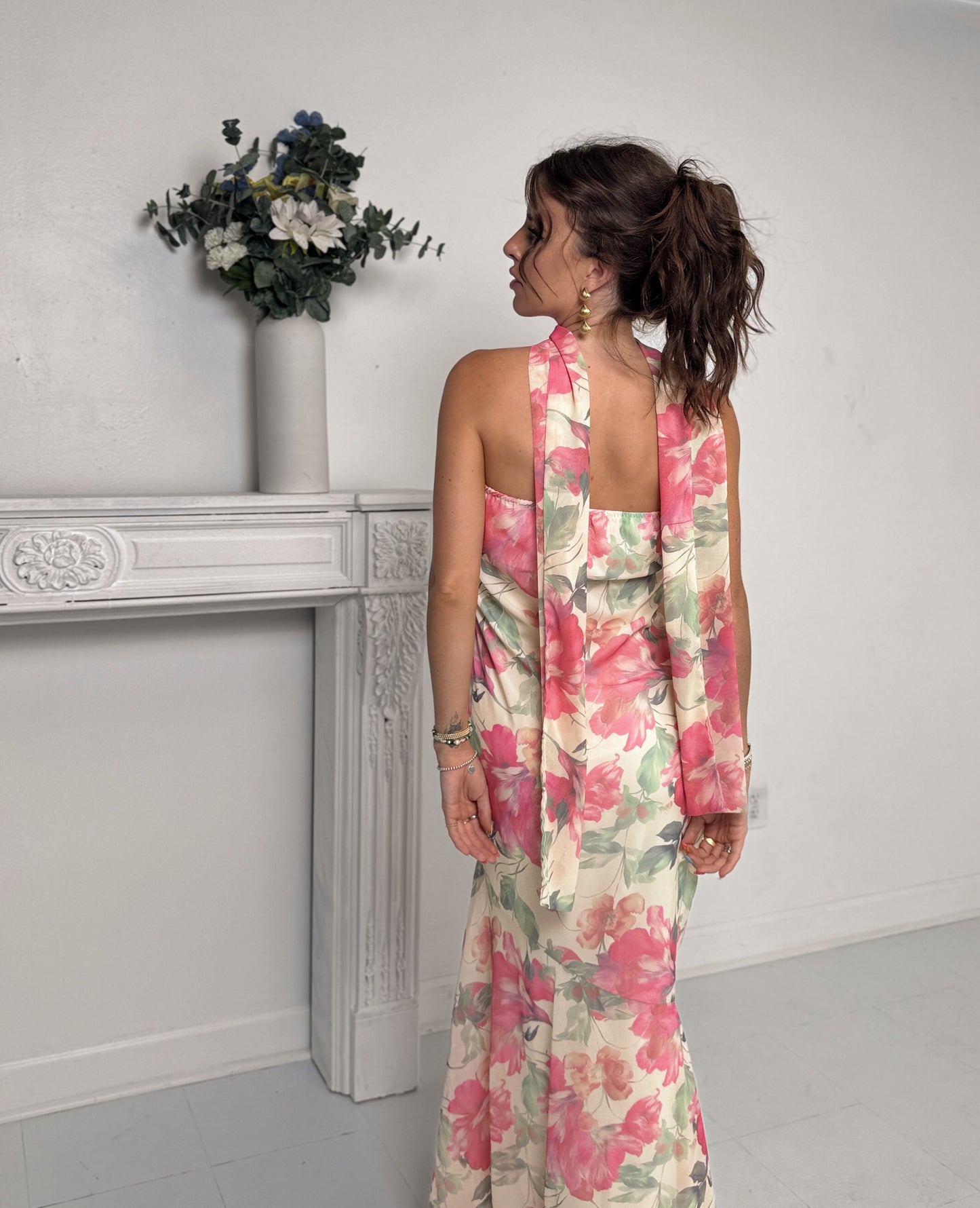 back of floral summer wedding guest dress with neck scarf