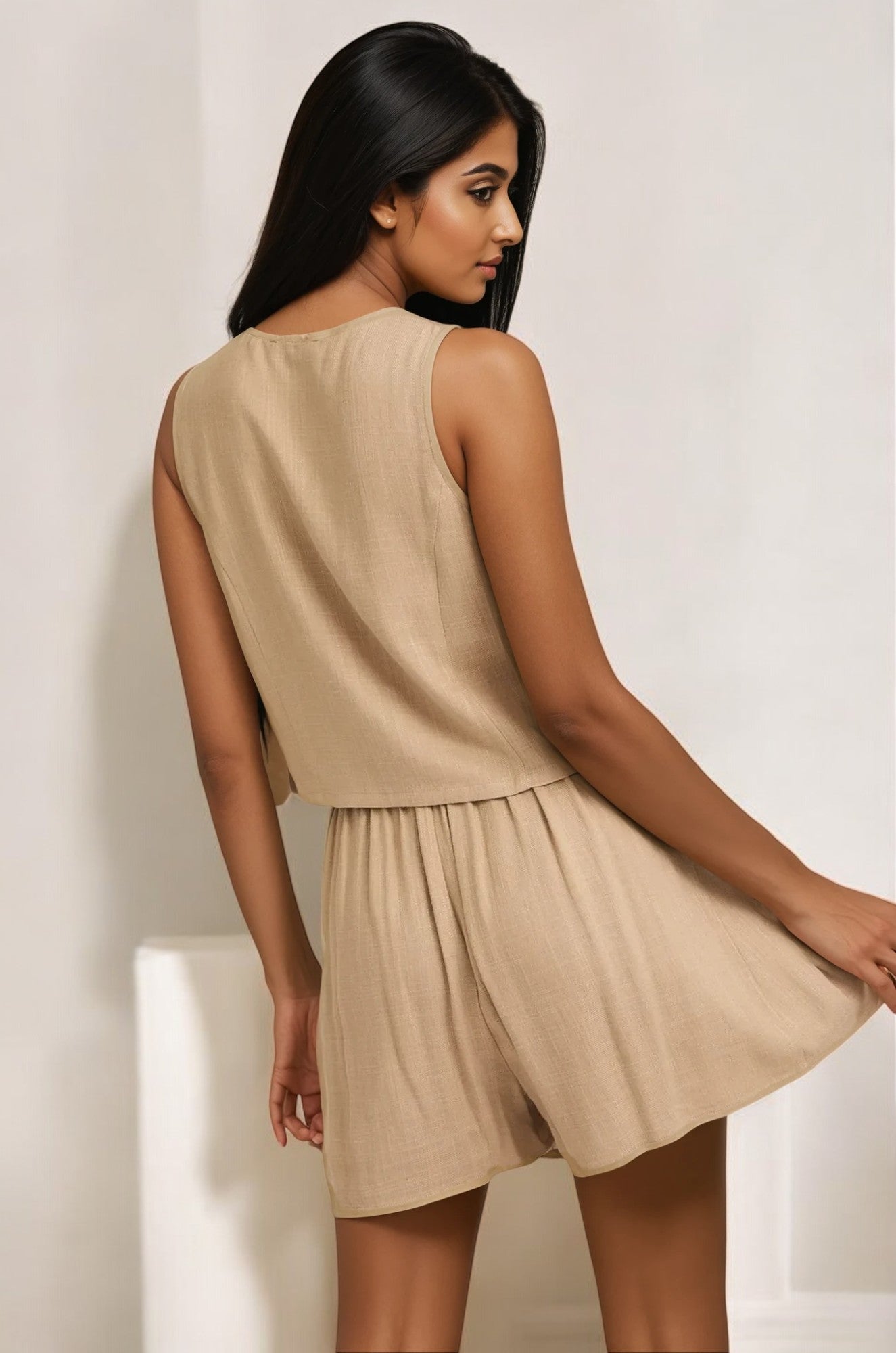 Back of woman in tan skort set for vacation.