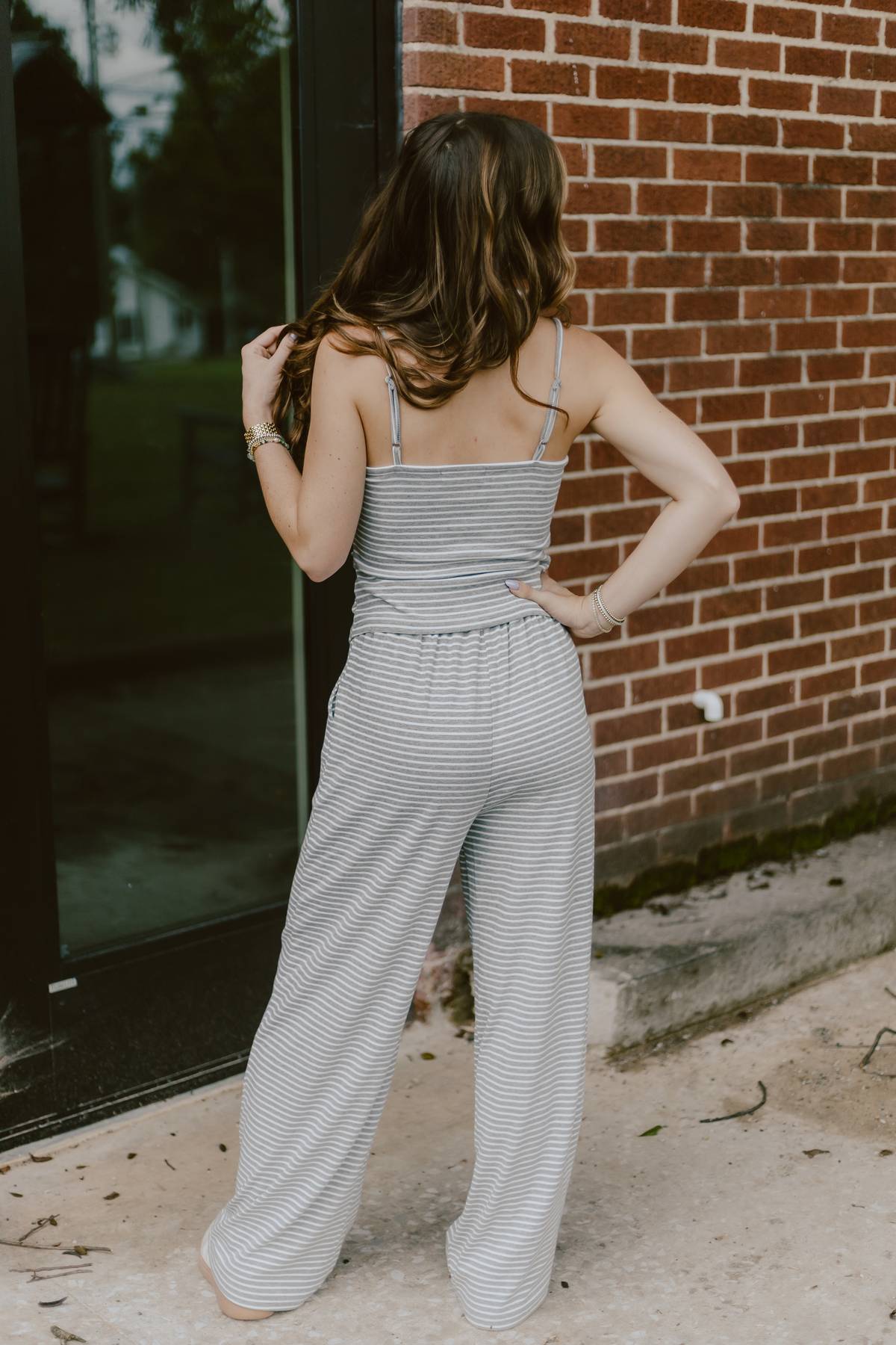 back of gray striped pants set