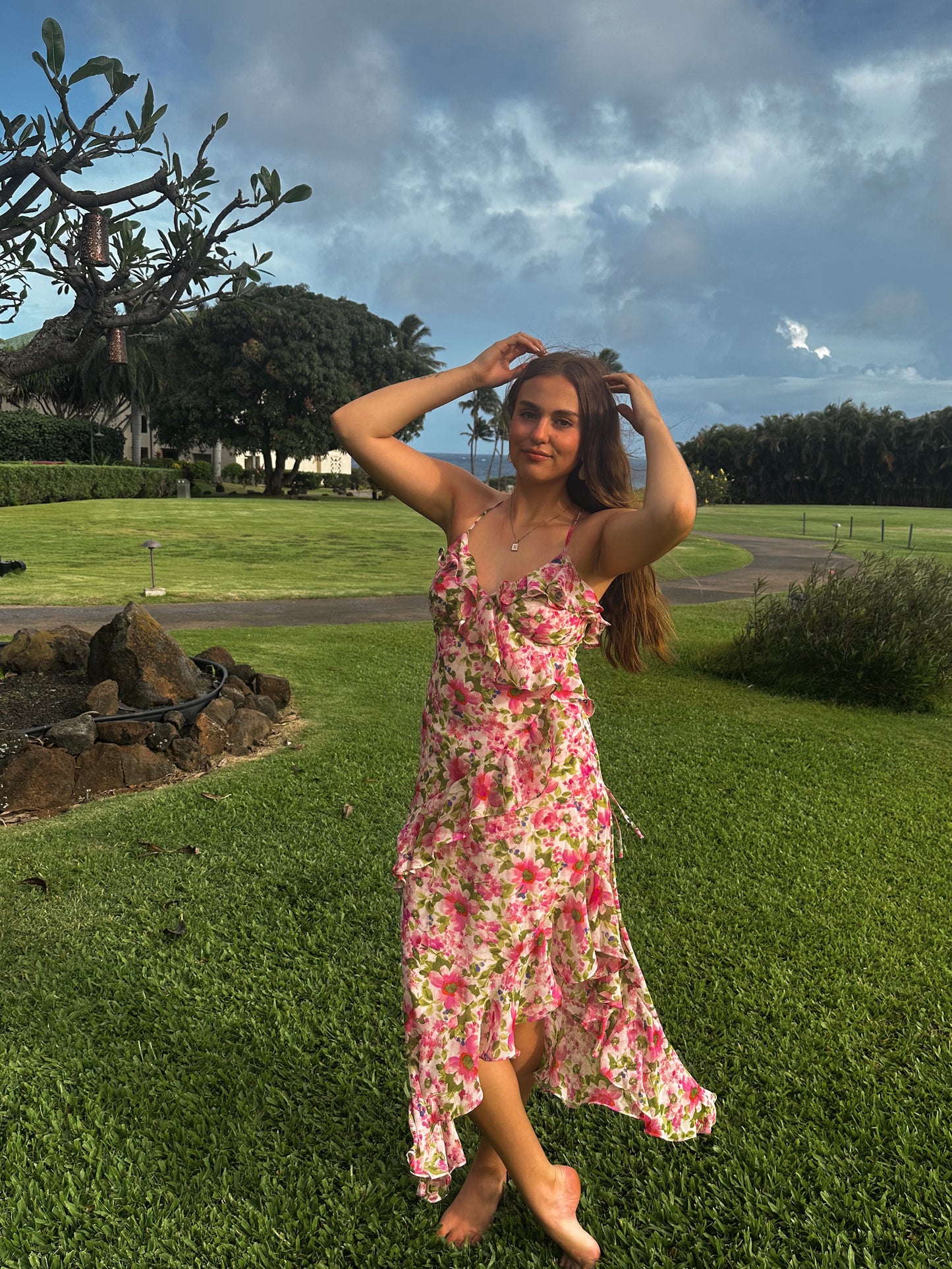 Pink Floral ruffle dress with side slit and adjustable straps