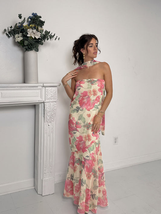Floral slip dress with neck scarf wedding guest