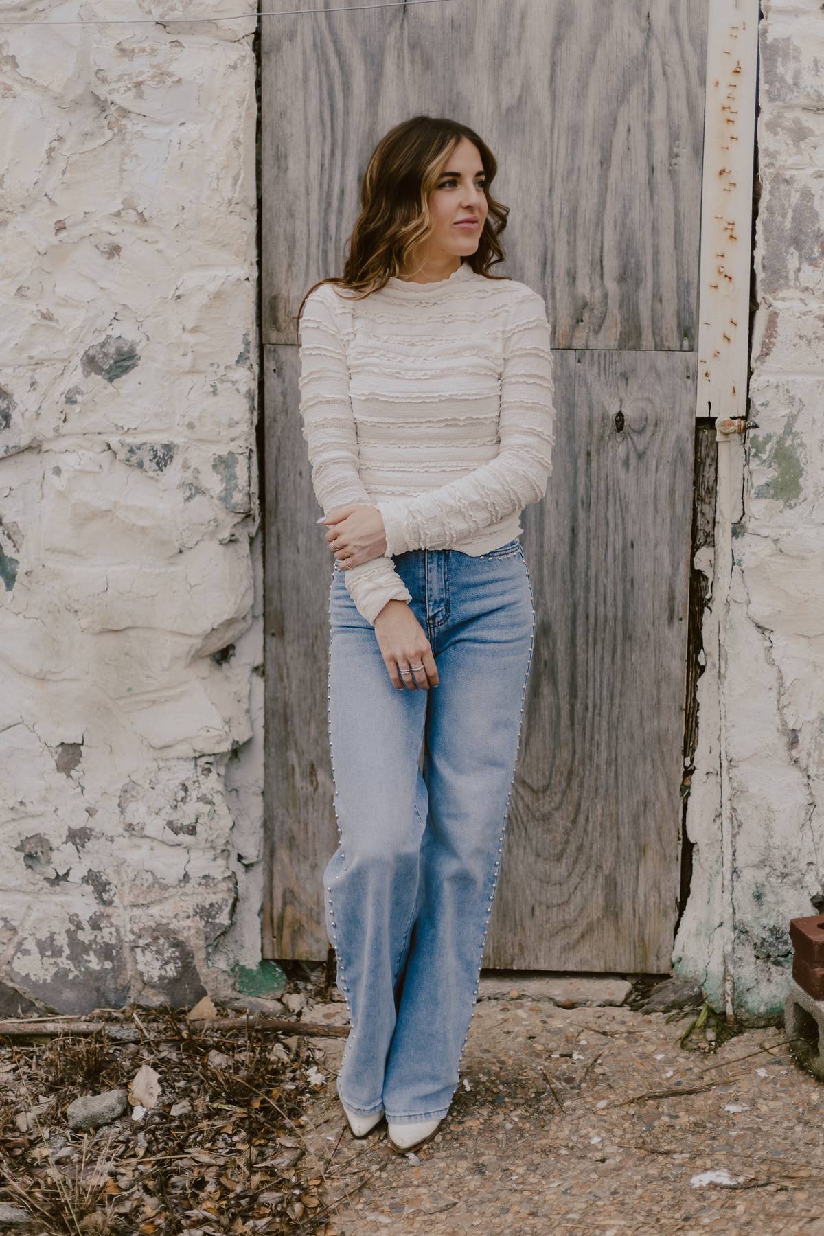 Cream long sleeve ruffle top 