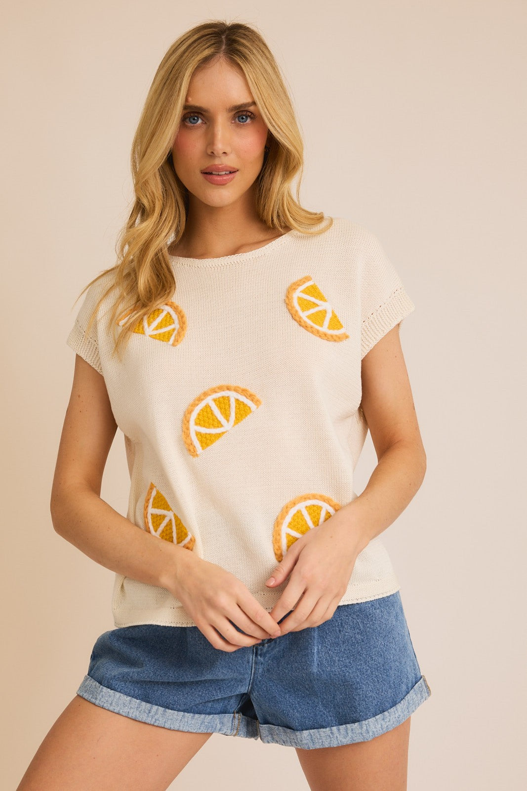 Zesty Knit Top- Embroidered Oranges