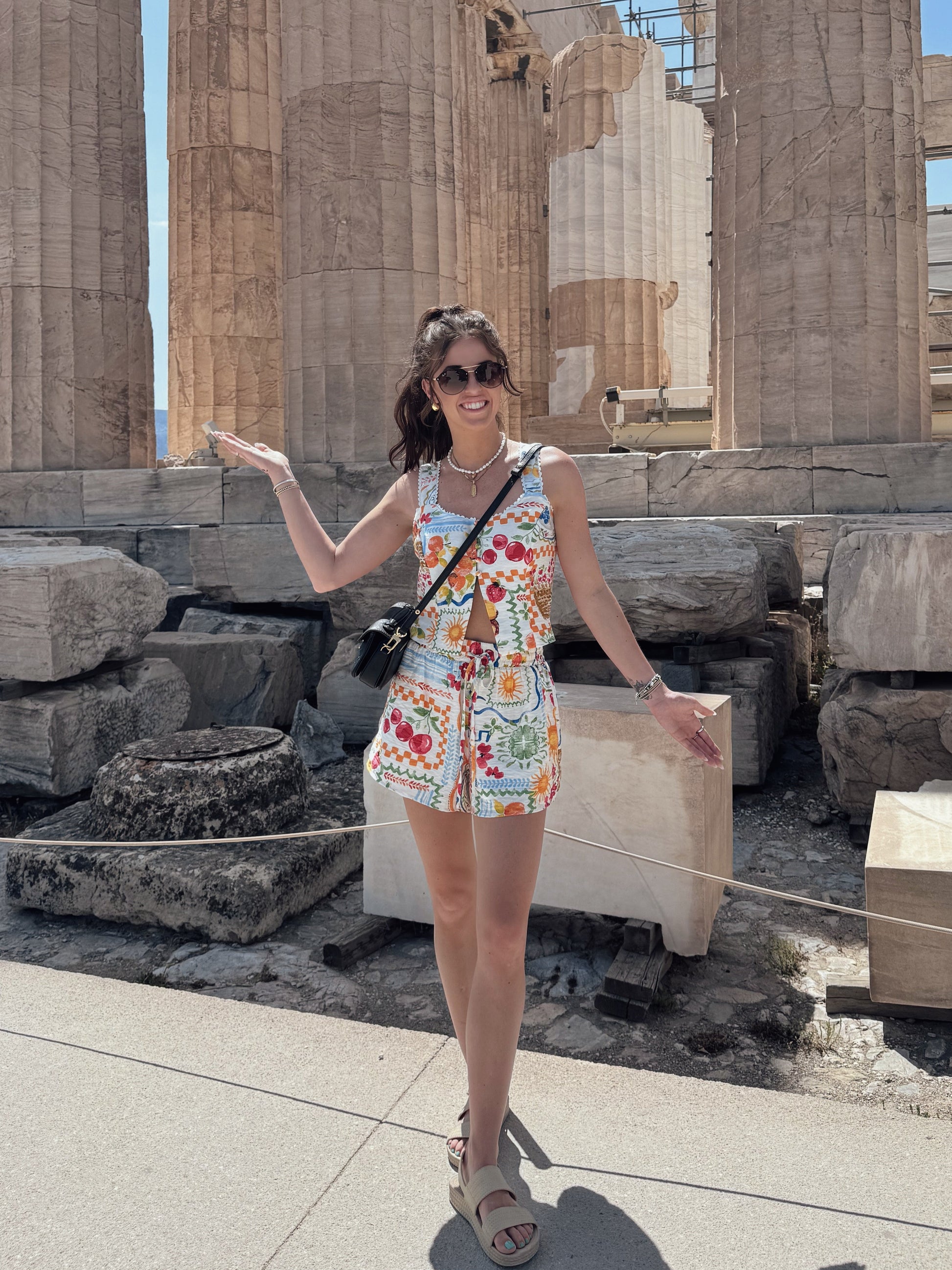 Summer picnic pattern shorts set styled in Greece.