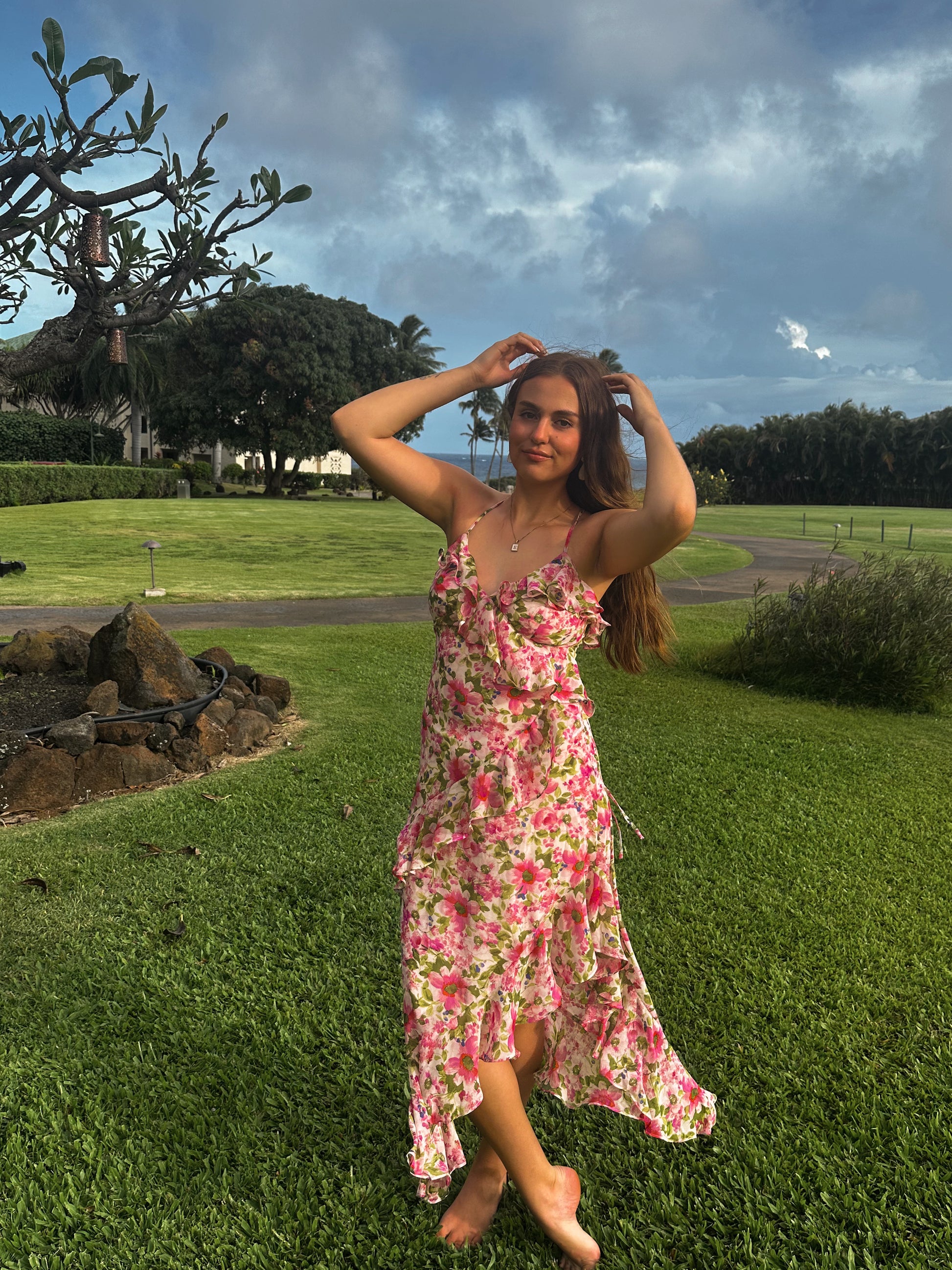 Pink Floral ruffle dress with side slit and adjustable straps 