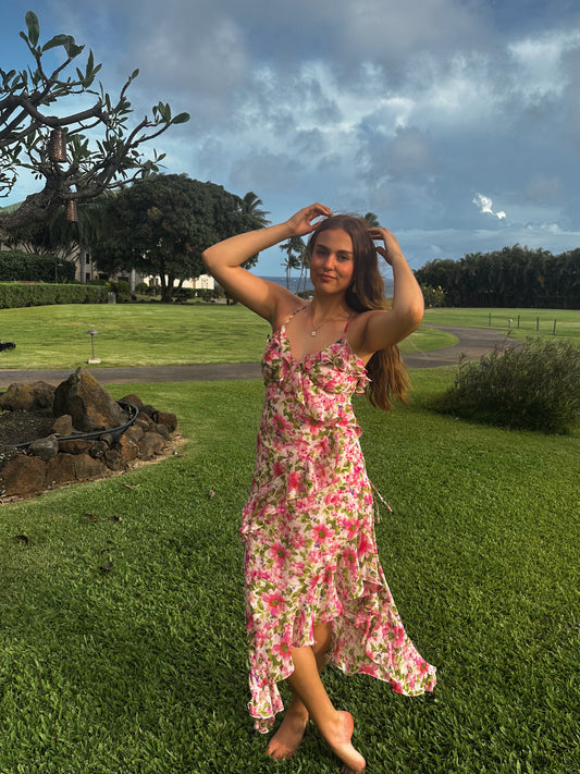 Pink Floral ruffle dress with side slit and adjustable straps 