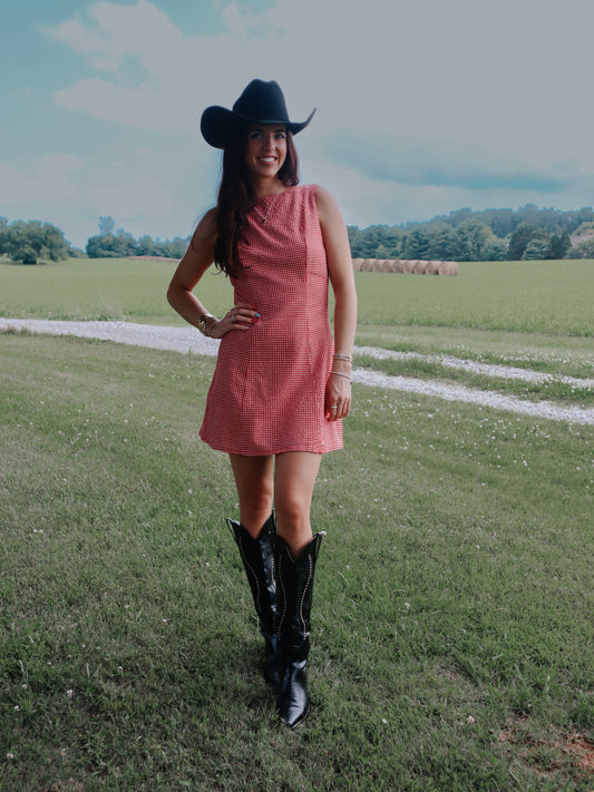 red gingham mini dress with cowboy boots